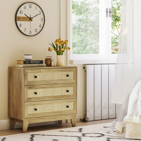 Byrå - 3 lådor - Trä med rottingfronter (cannage) - Boho minimalistisk - För sovrum - 80 x 35 x 76 cm - Natur