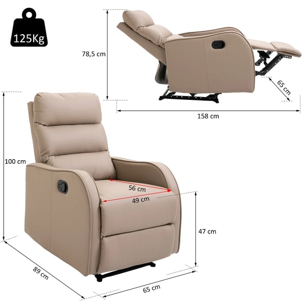 Reclinerfåtölj - Liggfåtölj - Syntetläder (PU) - Utdragbart Fotstöd - Skumstoppad - Modern Design - 65x89x100 cm - Khaki