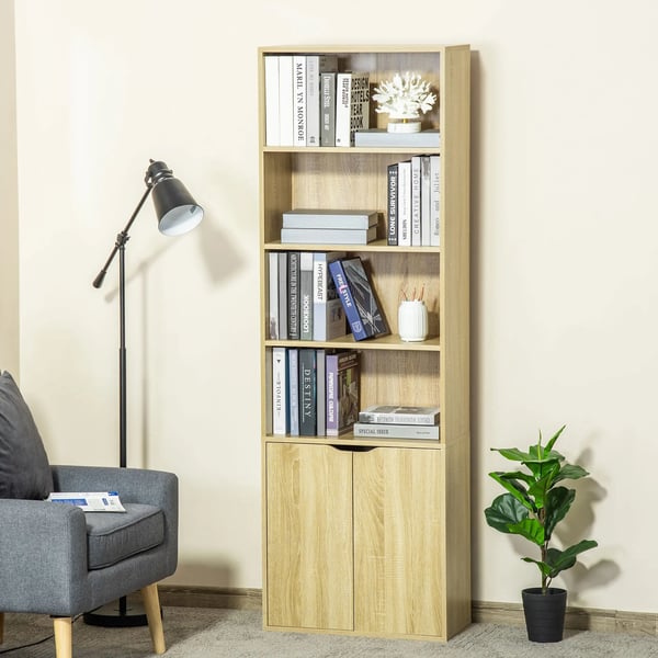 Bokhylla - Förvaringshylla med skåp - 4 Öppna Fack - 2 Dörrar - 59x29x180 cm - Trä med Melamin - Modern Stil - Natur