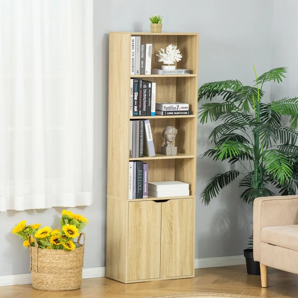 Bokhylla - Förvaringshylla med skåp - 4 Öppna Fack - 2 Dörrar - 59x29x180 cm - Trä med Melamin - Modern Stil - Natur