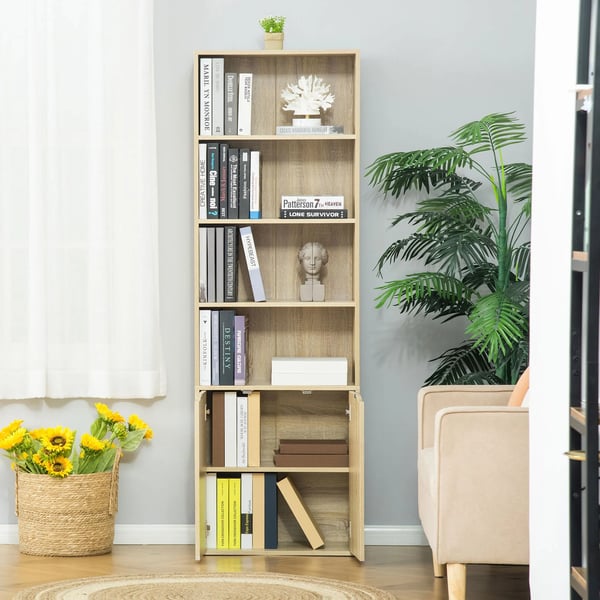 Bokhylla - Förvaringshylla med skåp - 4 Öppna Fack - 2 Dörrar - 59x29x180 cm - Trä med Melamin - Modern Stil - Natur