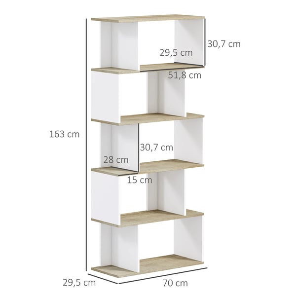 Bokhylla - 5 hyllplan - Minimalistisk modern - Öppna hyllor - Melaminbelagt trä - 70 x 29,5 x 163 cm - Natur