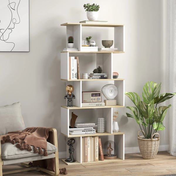 Bokhylla - 5 hyllplan - Minimalistisk modern - Öppna hyllor - Melaminbelagt trä - 70 x 29,5 x 163 cm - Natur