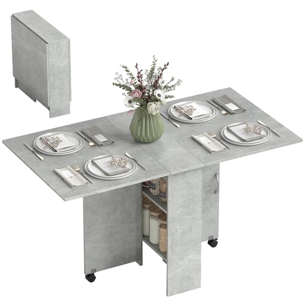 Matbord - Fällbart köksbord på hjul - 2 Hyllor - 2 Klaffar - 75x140x74 cm - För 6 personer - Ljusgrå