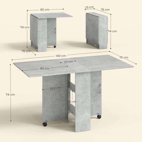 Matbord - Fällbart köksbord på hjul - 2 Hyllor - 2 Klaffar - 75x140x74 cm - För 6 personer - Ljusgrå