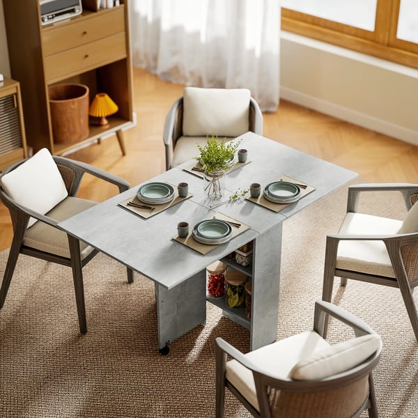 Matbord - Fällbart köksbord på hjul - 2 Hyllor - 2 Klaffar - 75x140x74 cm - För 6 personer - Ljusgrå