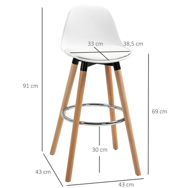 Barstolar - Höga köksstolar - Set om 2 - PU-syntetläder - Sitthöjd 70 cm - Fast höjd, ej roterbar - Lågt ryggstöd - Utan armstöd - Vit