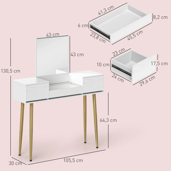 Sminkbord - Toalettbord - Fyrkantig Spegel - 3 Lådor - Trä - 105,5x30x130,5 cm - Utan Pall - Vit