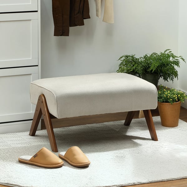 Fotpall & Puff - Låg Taburett - Vadderad Sittdyna - Träben - Retrodesign - Tygklädsel - 69×47×36 cm - Beige