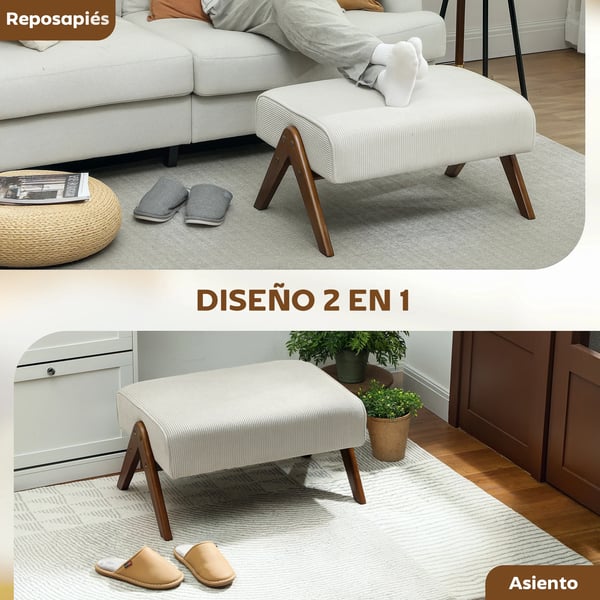 Fotpall & Puff - Låg Taburett - Vadderad Sittdyna - Träben - Retrodesign - Tygklädsel - 69×47×36 cm - Beige