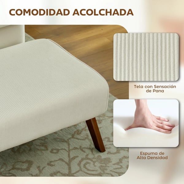 Fotpall & Puff - Låg Taburett - Vadderad Sittdyna - Träben - Retrodesign - Tygklädsel - 69×47×36 cm - Beige