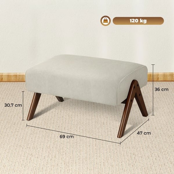 Fotpall & Puff - Låg Taburett - Vadderad Sittdyna - Träben - Retrodesign - Tygklädsel - 69×47×36 cm - Beige