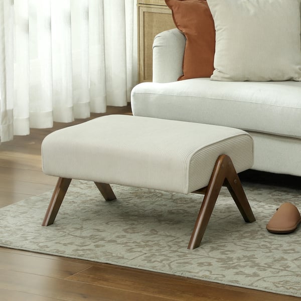 Fotpall & Puff - Låg Taburett - Vadderad Sittdyna - Träben - Retrodesign - Tygklädsel - 69×47×36 cm - Beige