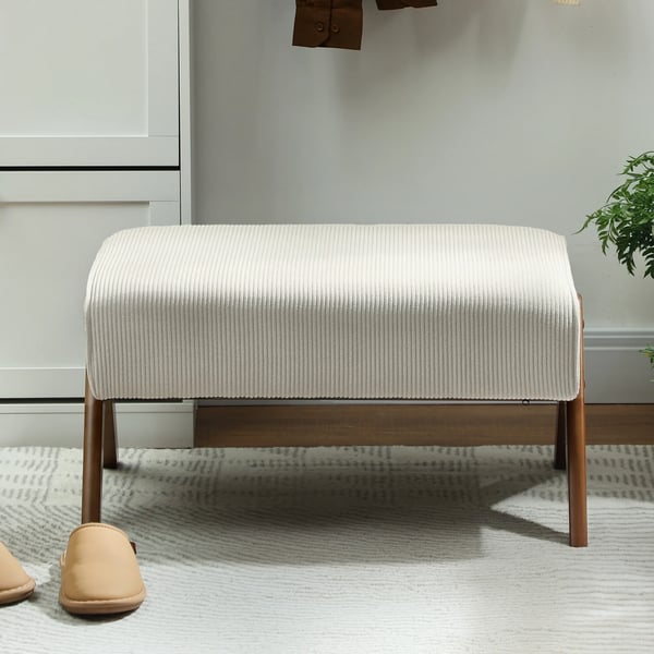 Fotpall & Puff - Låg Taburett - Vadderad Sittdyna - Träben - Retrodesign - Tygklädsel - 69×47×36 cm - Beige