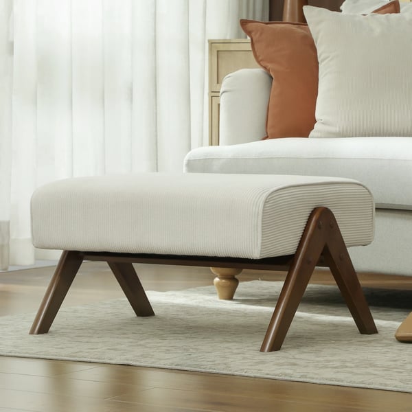 Fotpall & Puff - Låg Taburett - Vadderad Sittdyna - Träben - Retrodesign - Tygklädsel - 69×47×36 cm - Beige