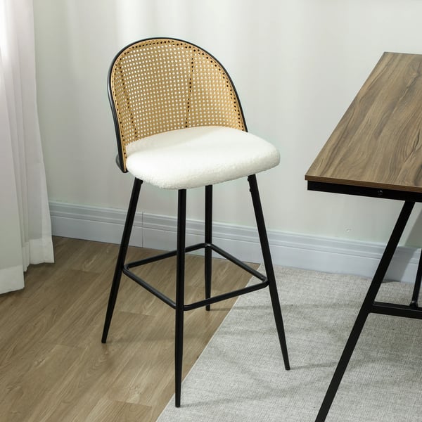 Set med 2 barstolar - Barstol med ryggstöd - Rottingrygg, boucléklätt säte - Stålram med fotstöd - 48×54×102 cm - Vit