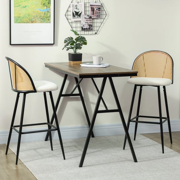 Set med 2 barstolar - Barstol med ryggstöd - Rottingrygg, boucléklätt säte - Stålram med fotstöd - 48×54×102 cm - Vit