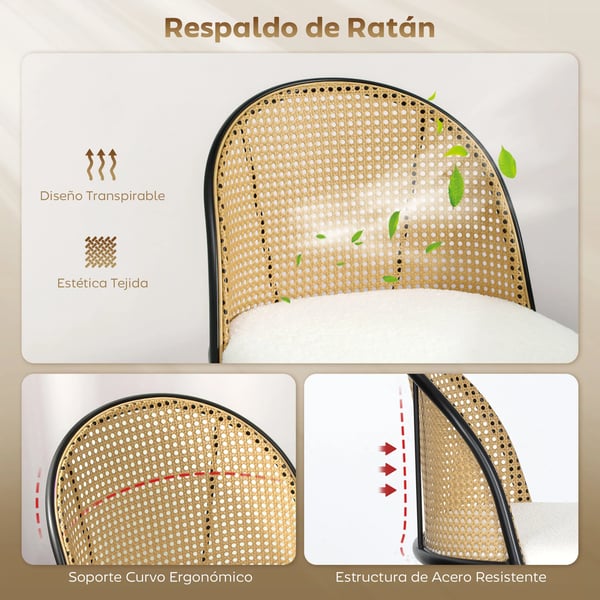 Set med 2 barstolar - Barstol med ryggstöd - Rottingrygg, boucléklätt säte - Stålram med fotstöd - 48×54×102 cm - Vit