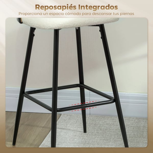 Set med 2 barstolar - Barstol med ryggstöd - Rottingrygg, boucléklätt säte - Stålram med fotstöd - 48×54×102 cm - Vit