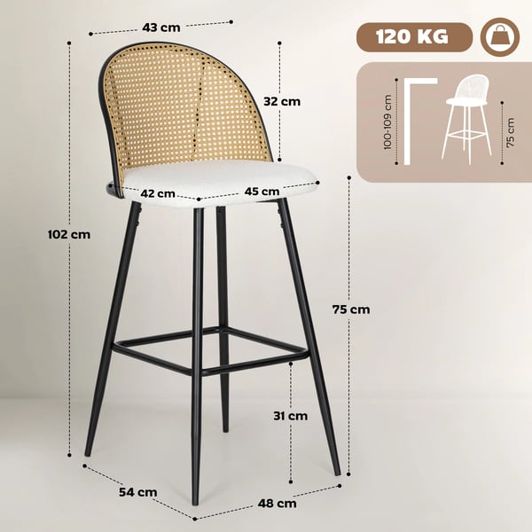 Set med 2 barstolar - Barstol med ryggstöd - Rottingrygg, boucléklätt säte - Stålram med fotstöd - 48×54×102 cm - Vit