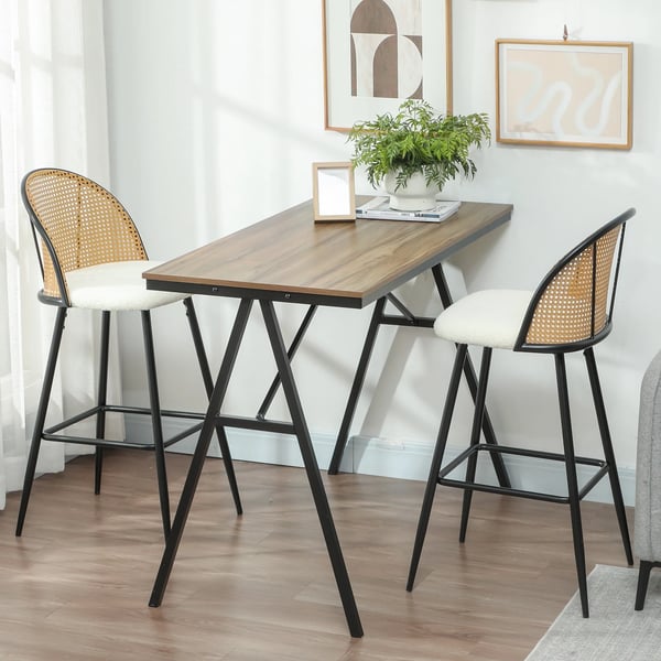 Set med 2 barstolar - Barstol med ryggstöd - Rottingrygg, boucléklätt säte - Stålram med fotstöd - 48×54×102 cm - Vit