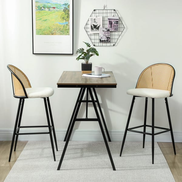 Set med 2 barstolar - Barstol med ryggstöd - Rottingrygg, boucléklätt säte - Stålram med fotstöd - 48×54×102 cm - Vit