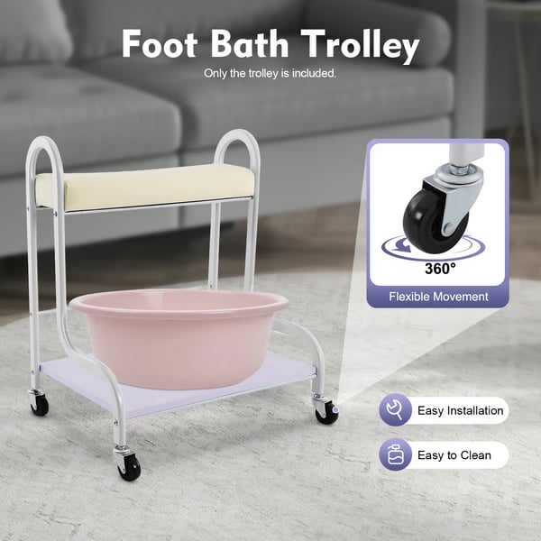 Fodbad & Pedicure Rullevogn - Salonsvogn - 2 Hylder - 4 Svingbare Hjul - Metal/Træ/Skum/PU - Max Belastning 100 kg - Fodstøtte