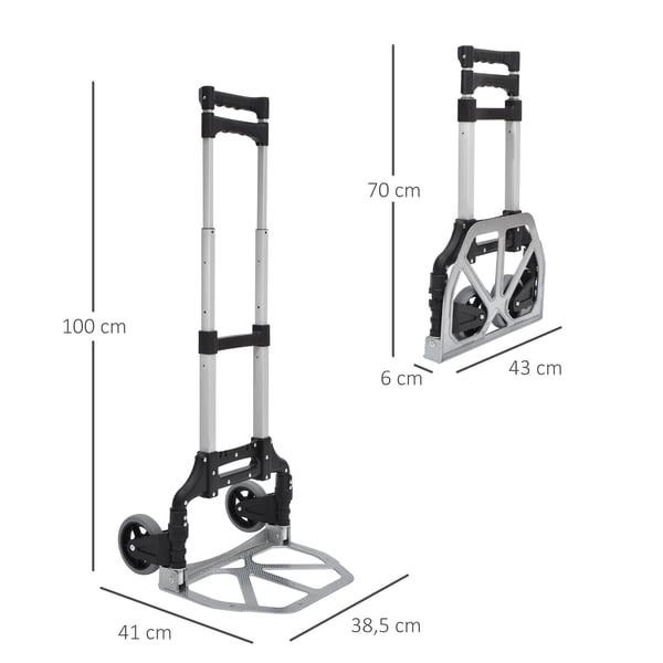 Säckkärra - Hopfällbar i aluminium - 70 kg lastkapacitet - 2 hjul - Teleskophandtag - 41x38,5x100 cm - Grå