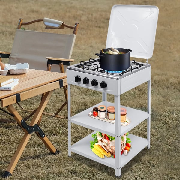 Nødkomfur - Udendørs gaskomfur med 4 blus - Opbevaringshylde - Naturgas/LPG - 49×49×79 cm - Jern - 9 kg - Rød