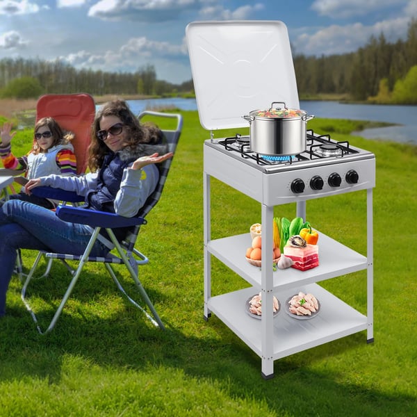 Nødkomfur - Udendørs gaskomfur med 4 blus - Opbevaringshylde - Naturgas/LPG - 49×49×79 cm - Jern - 9 kg - Rød