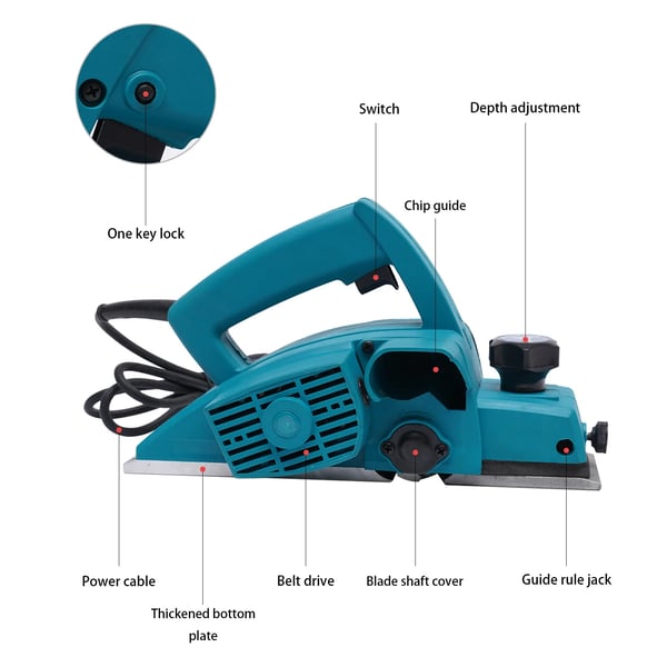Elektrisk træhøvl - 800 W håndhøvl - Justerbar høvledybde - Ergonomisk greb - Kobbermotor - Til gør-det-selv og professionelle - Blå