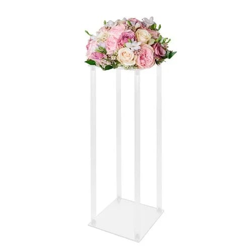 Blomsterstativ til bryllup - Akryl rektangulær søjle - Sæt med 10 - Højde 60 cm - Bund 20×20 cm - Max 3 kg/stk - Nem montering - Klar