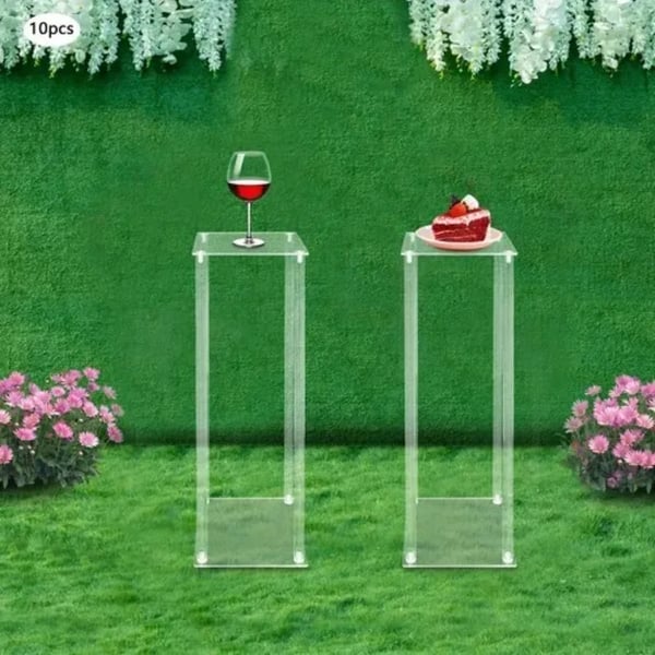 Blomsterstativ til bryllup - Akryl rektangulær søjle - Sæt med 10 - Højde 60 cm - Bund 20×20 cm - Max 3 kg/stk - Nem montering - Klar