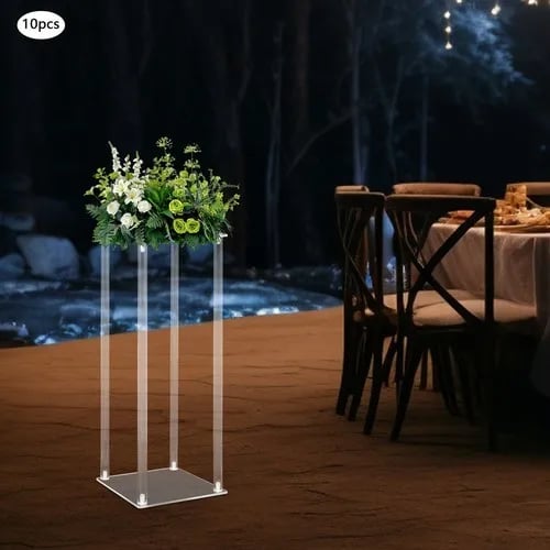Blomsterstativ til bryllup - Akryl rektangulær søjle - Sæt med 10 - Højde 60 cm - Bund 20×20 cm - Max 3 kg/stk - Nem montering - Klar