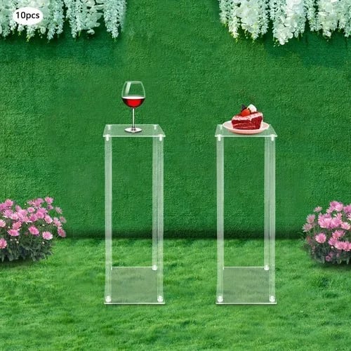 Blomsterstativ til bryllup - Akryl rektangulær søjle - Sæt med 10 - Højde 60 cm - Bund 20×20 cm - Max 3 kg/stk - Nem montering - Klar