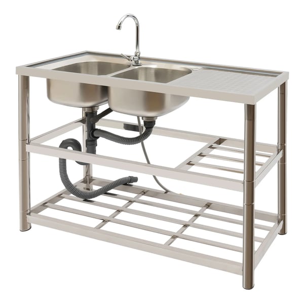 Industrivask i rustfrit stål - Fritstående dobbeltkumme - Med armatur 360° - Mål 120x45x80 cm - Kummer 33x33 cm - Børstet overflade - Sølv