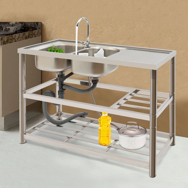 Industrivask i rustfrit stål - Fritstående dobbeltkumme - Med armatur 360° - Mål 120x45x80 cm - Kummer 33x33 cm - Børstet overflade - Sølv