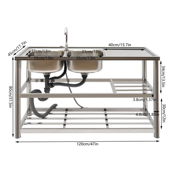 Industrivask i rustfrit stål - Fritstående dobbeltkumme - Med armatur 360° - Mål 120x45x80 cm - Kummer 33x33 cm - Børstet overflade - Sølv