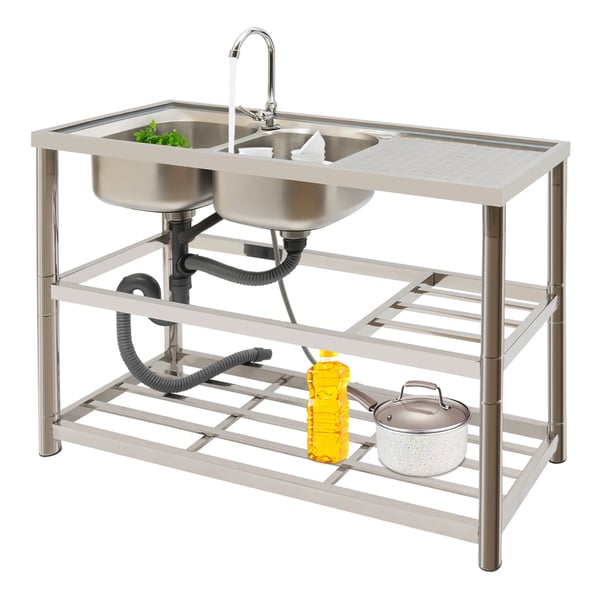 Industrivask i rustfrit stål - Fritstående dobbeltkumme - Med armatur 360° - Mål 120x45x80 cm - Kummer 33x33 cm - Børstet overflade - Sølv