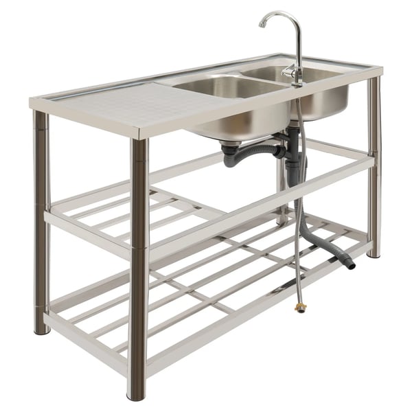 Industrivask i rustfrit stål - Fritstående dobbeltkumme - Med armatur 360° - Mål 120x45x80 cm - Kummer 33x33 cm - Børstet overflade - Sølv