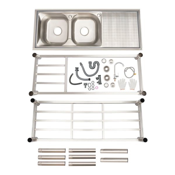 Industrivask i rustfrit stål - Fritstående dobbeltkumme - Med armatur 360° - Mål 120x45x80 cm - Kummer 33x33 cm - Børstet overflade - Sølv