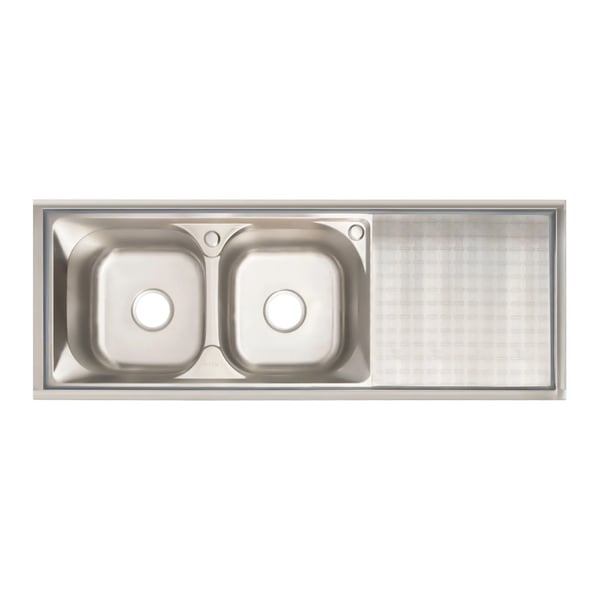 Industrivask i rustfrit stål - Fritstående dobbeltkumme - Med armatur 360° - Mål 120x45x80 cm - Kummer 33x33 cm - Børstet overflade - Sølv
