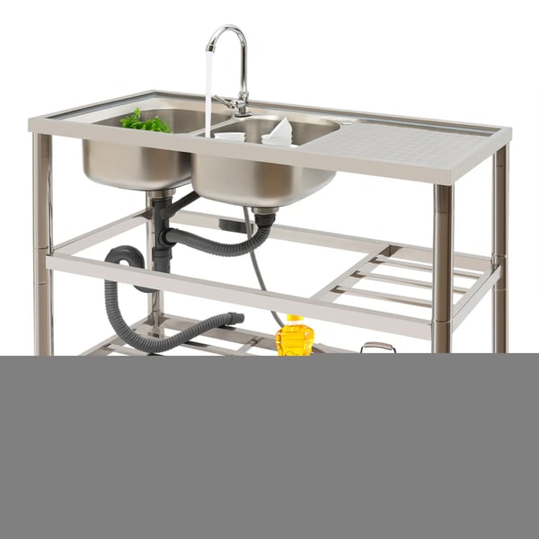 Industrivask i rustfrit stål - Fritstående dobbeltkumme - Med armatur 360° - Mål 120x45x80 cm - Kummer 33x33 cm - Børstet overflade - Sølv