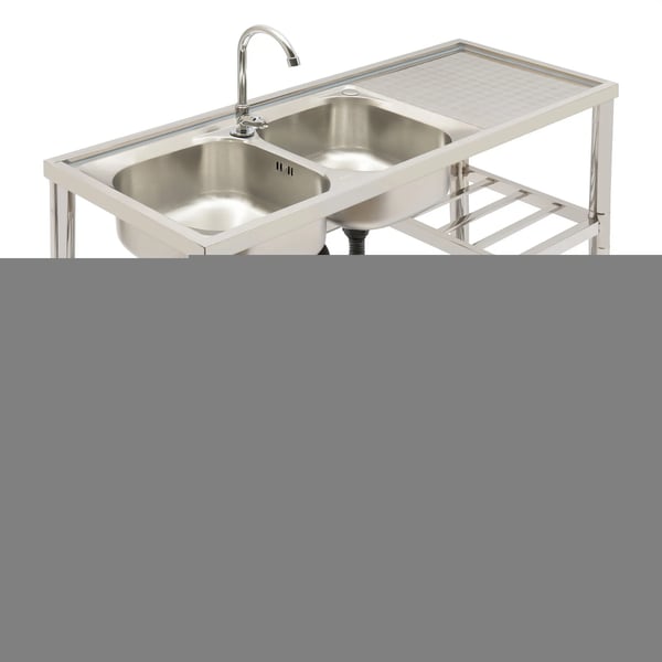 Industrivask i rustfrit stål - Fritstående dobbeltkumme - Med armatur 360° - Mål 120x45x80 cm - Kummer 33x33 cm - Børstet overflade - Sølv