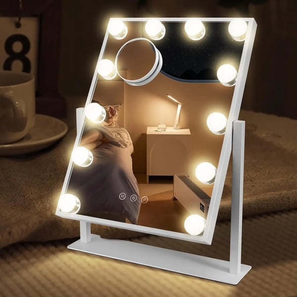 Makeupspejl med lys - Hollywood Bordmodel - 12 LED-Pærer - 3 Farvetilstande - 360° Rotation - Kompakt Spejlflade <929 cm² - Hvid