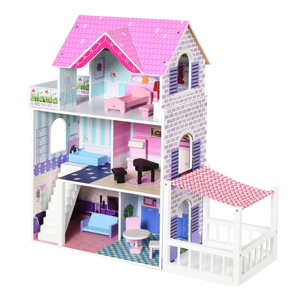 Dockhus - 3-vånings - Med möbler och tillbehör - Furu & MDF - 86 x 30 x 87 cm - Rosa