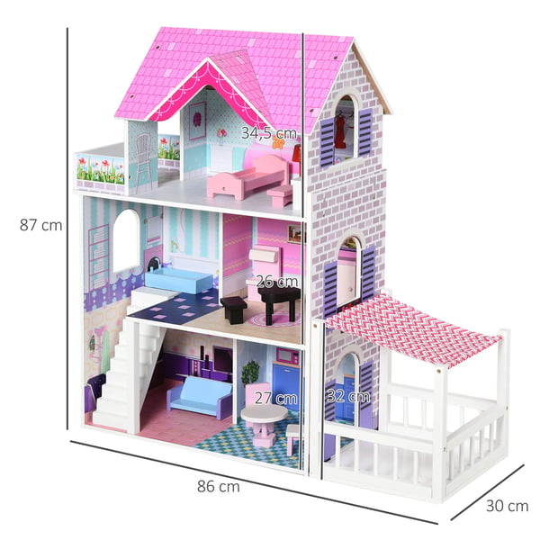 Dockhus - 3-vånings - Med möbler och tillbehör - Furu & MDF - 86 x 30 x 87 cm - Rosa