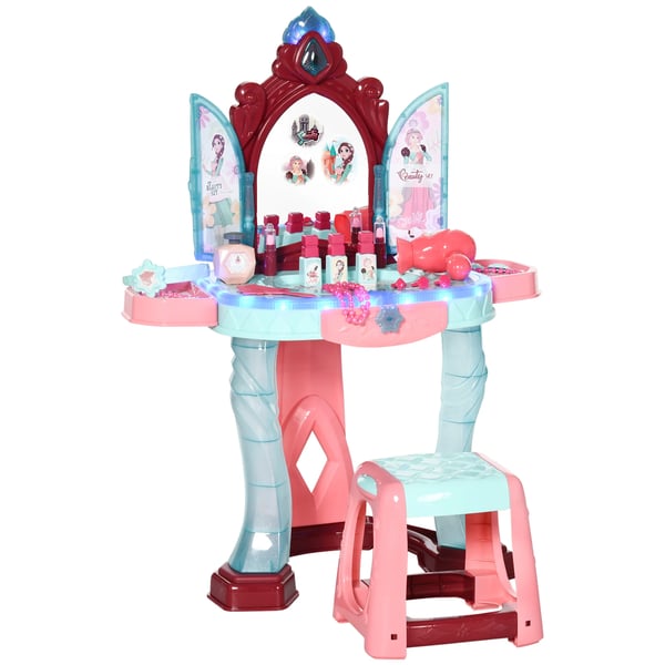 Leksakssminkbord för barn - Sminkbord med spegel - Pall - Ljus & musik - Hårtork - 31 tillbehör - 57×34×76 cm - För 3+ år - Blå/rosa