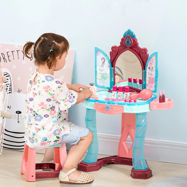 Leksakssminkbord för barn - Sminkbord med spegel - Pall - Ljus & musik - Hårtork - 31 tillbehör - 57×34×76 cm - För 3+ år - Blå/rosa