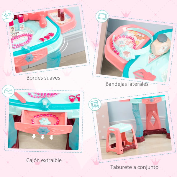 Leksakssminkbord för barn - Sminkbord med spegel - Pall - Ljus & musik - Hårtork - 31 tillbehör - 57×34×76 cm - För 3+ år - Blå/rosa